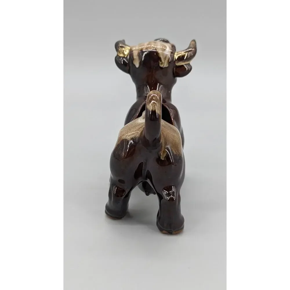 Vintage MCM Stoneware Ceramic Brown & Gold Bull Coffee Creamer Dish 6